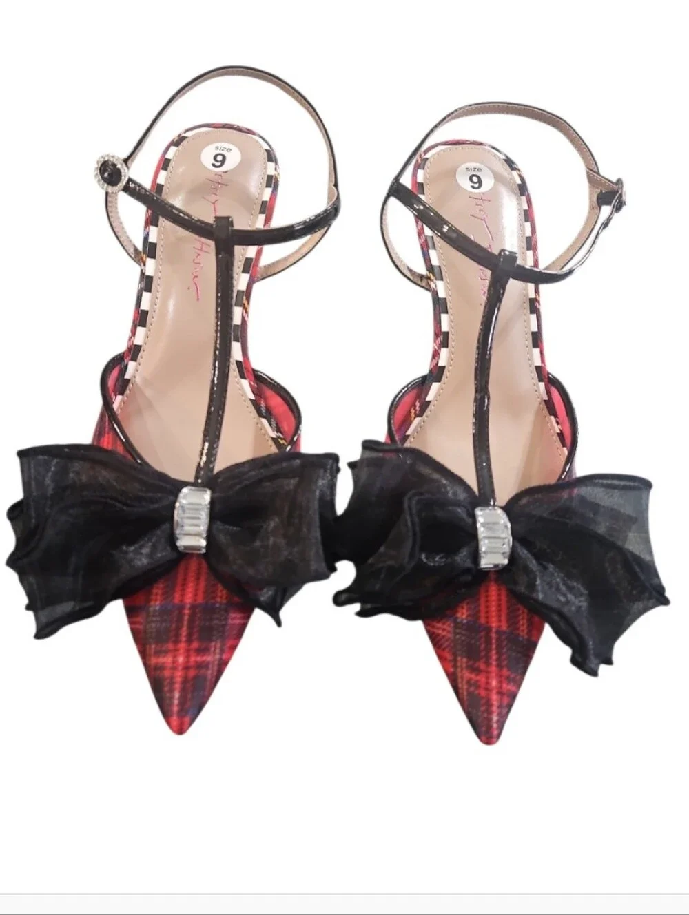 Betsey Johnson Lillyan Red Plaid Pointed Bow Slingback Heels Sz 9